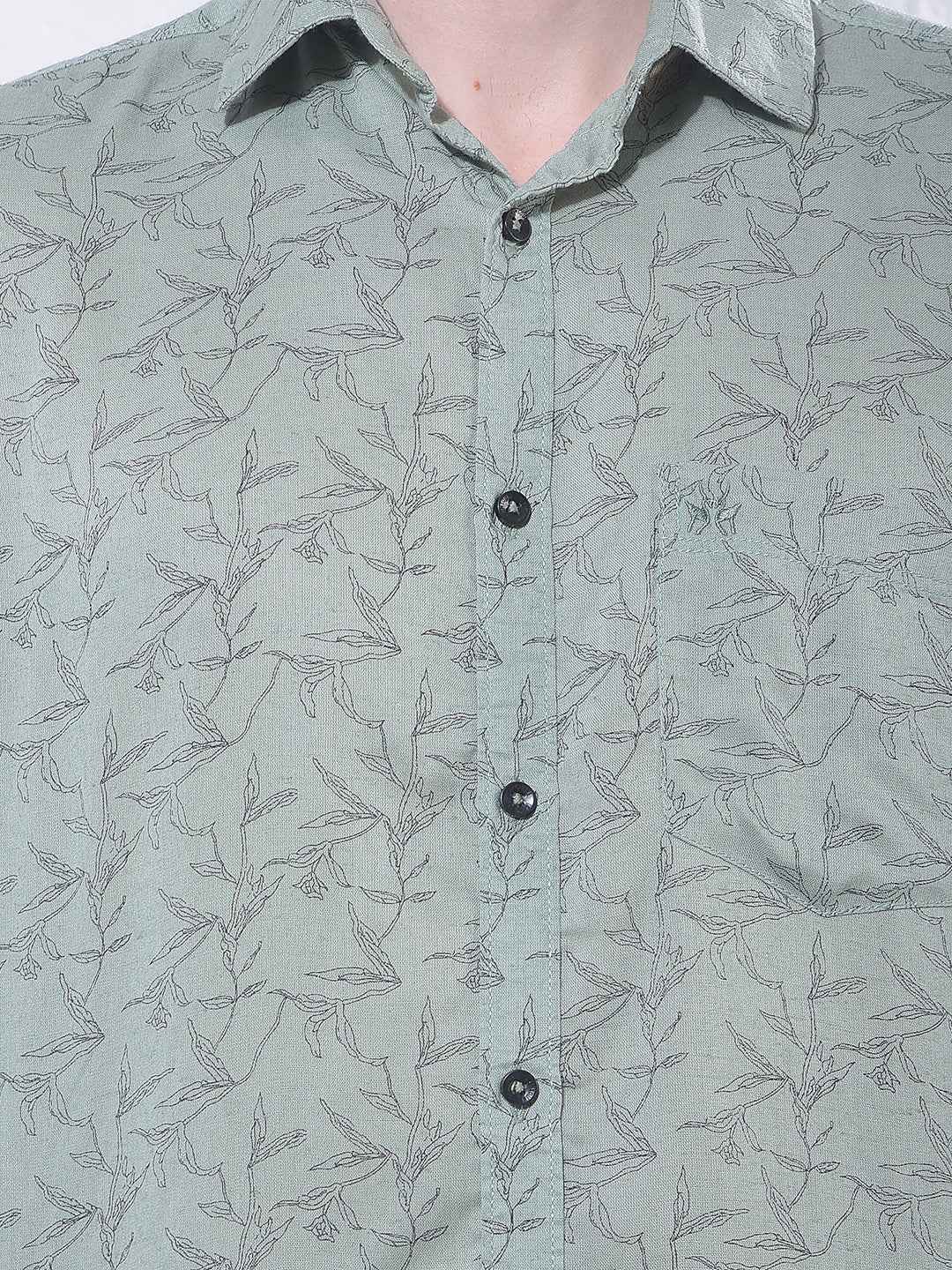 Green Floral Print Linen Shirt