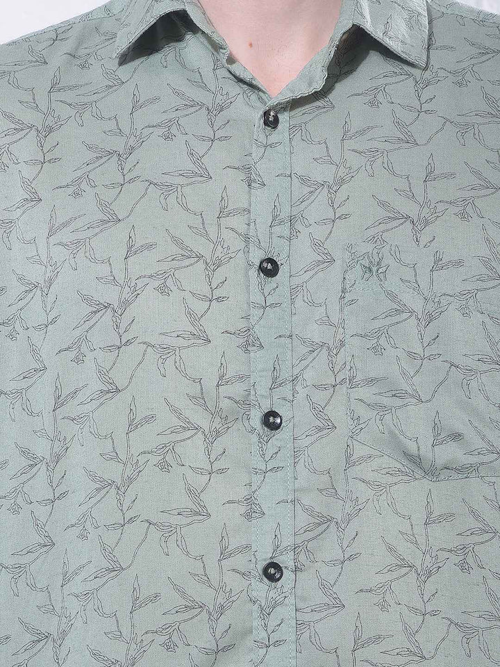 Green Floral Print Linen Shirt