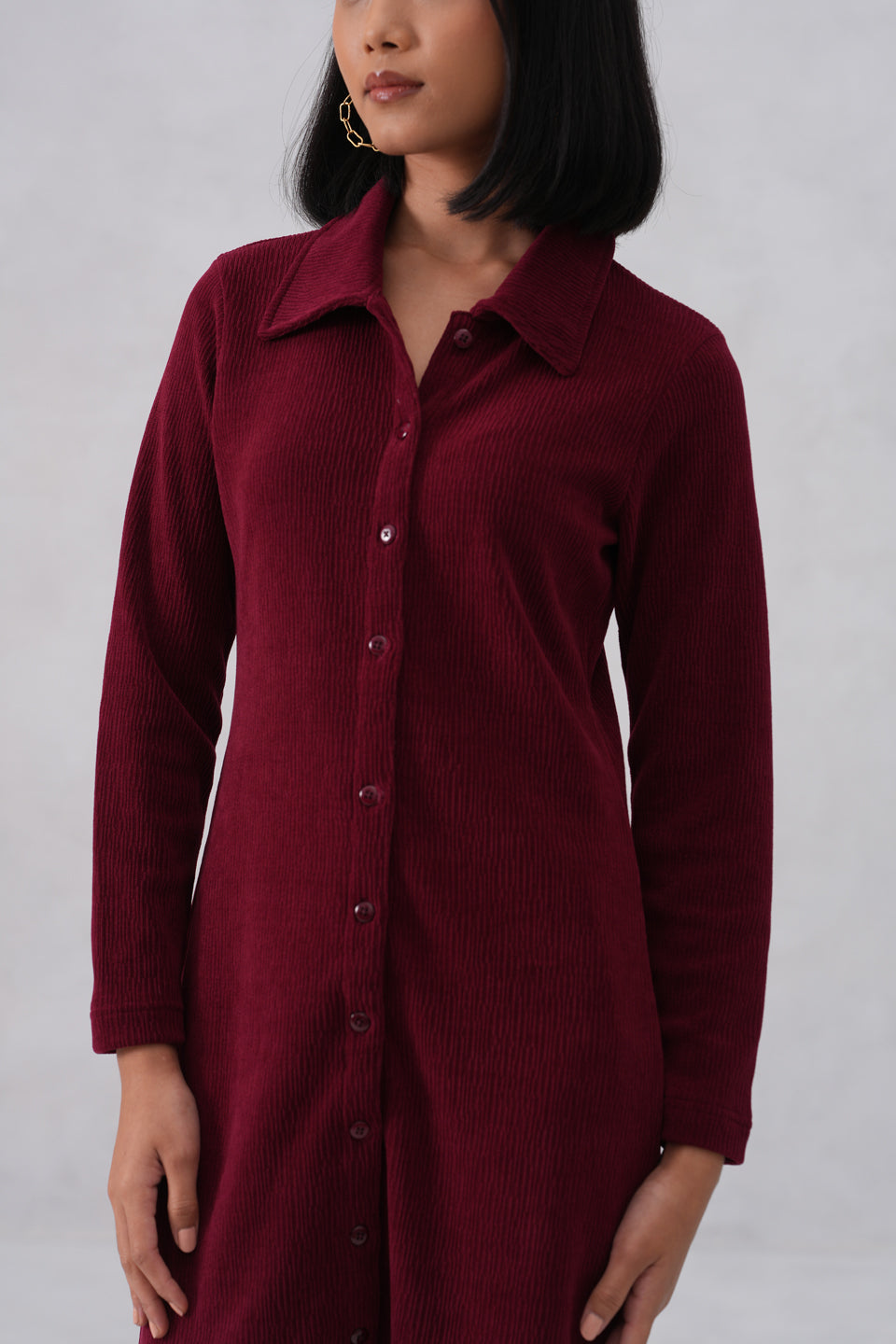 Maroon Textured Winter Mini Shirt-Dress