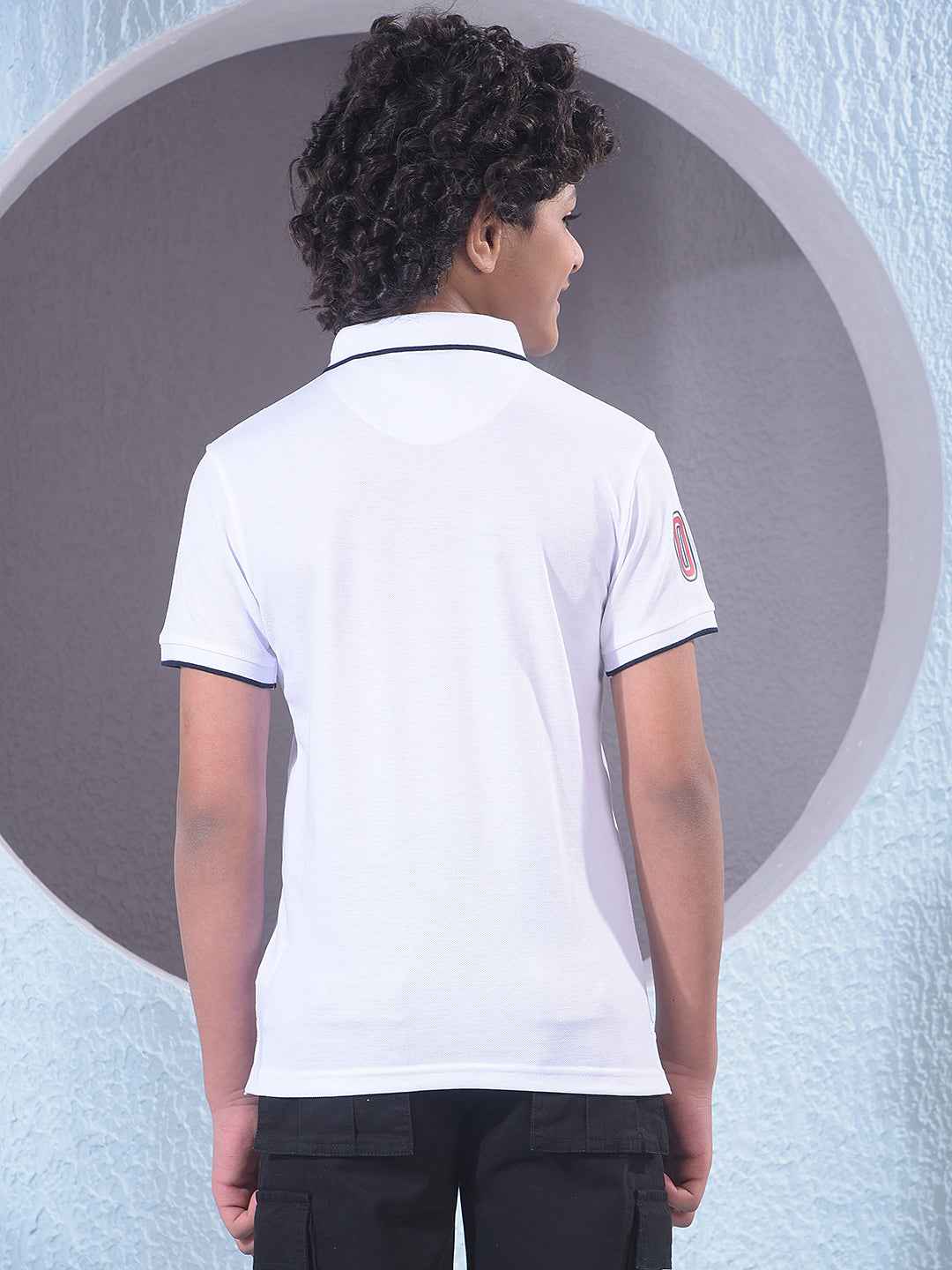 White Typographic Print Polo Neck T-Shirt