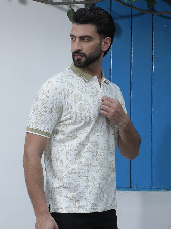 White Floral Print Polo Neck T-Shirt