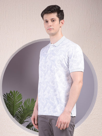Grey Floral Print Polo-Neck T-Shirt