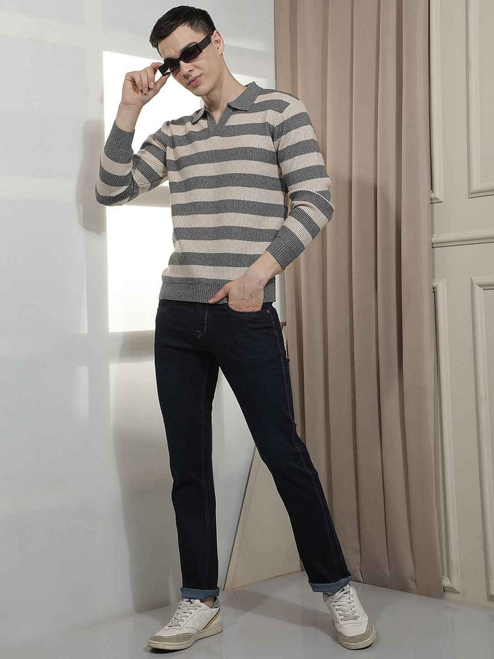 Grey Horizontal Stripes Long Sleeves T-Shirt