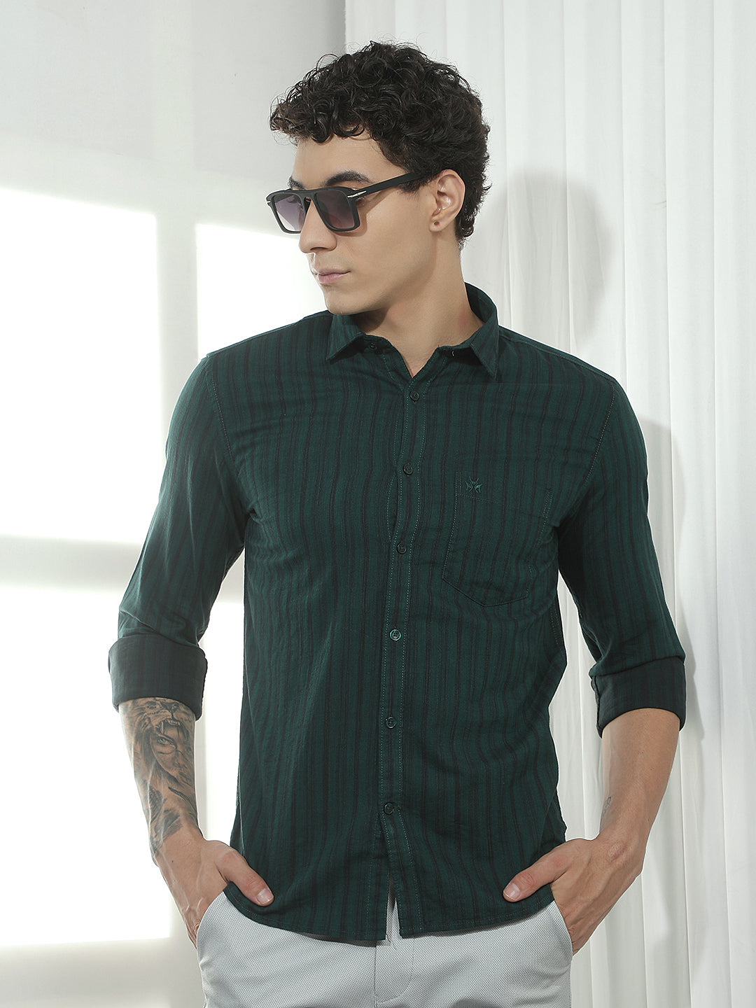 Green Vertical Striped 100% Cotton Shirt