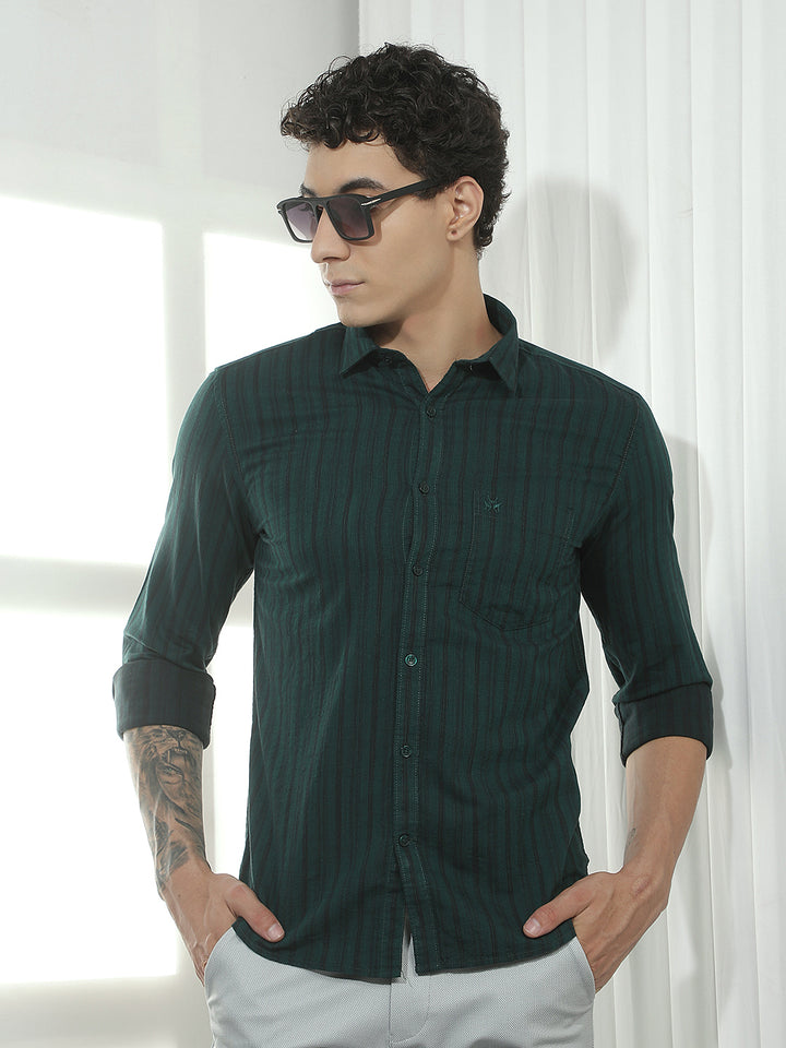 Green Vertical Striped 100% Cotton Shirt