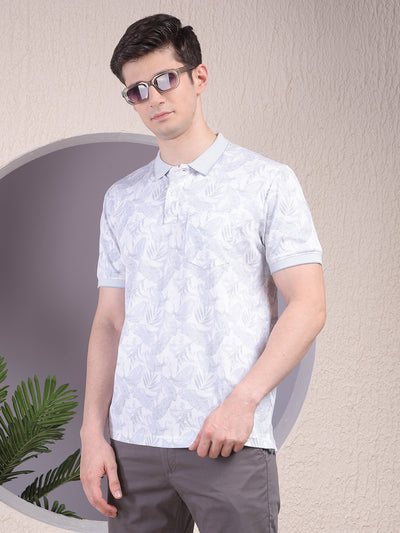 Grey Floral Print Polo-Neck T-Shirt