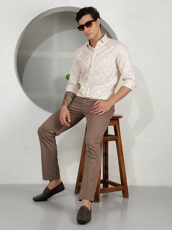 Beige Checked 100% Cotton Shirt