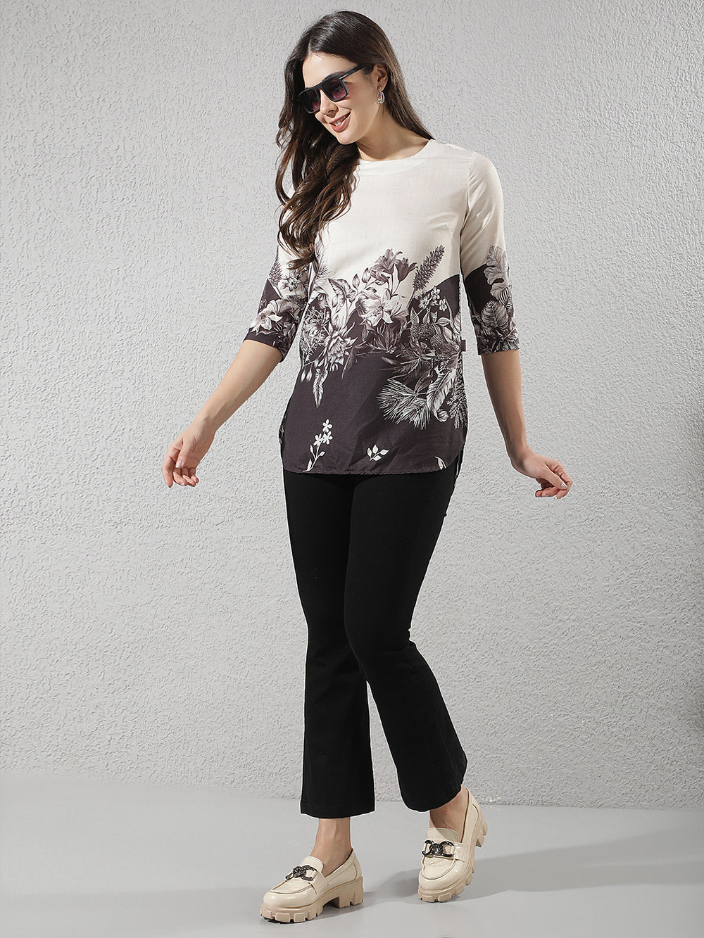 Off White Floral Print Longline Top