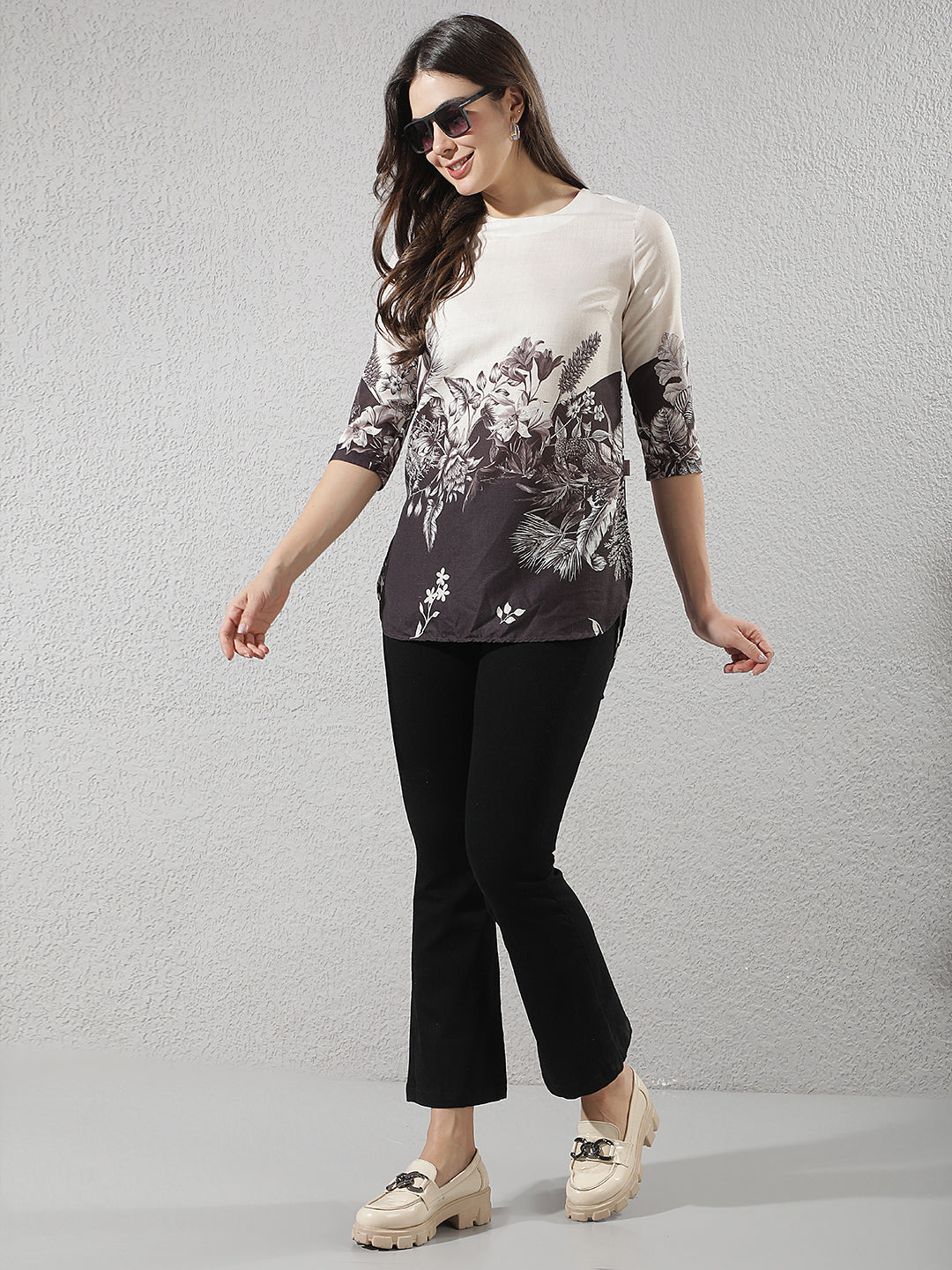 Off White Floral Print Longline Top