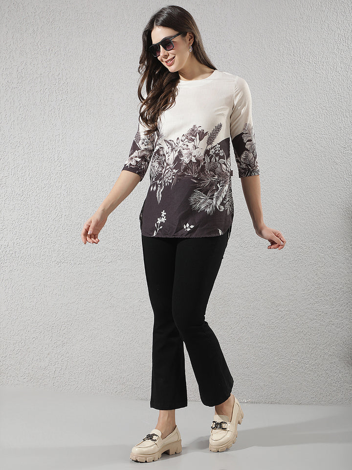 Off White Floral Print Longline Top