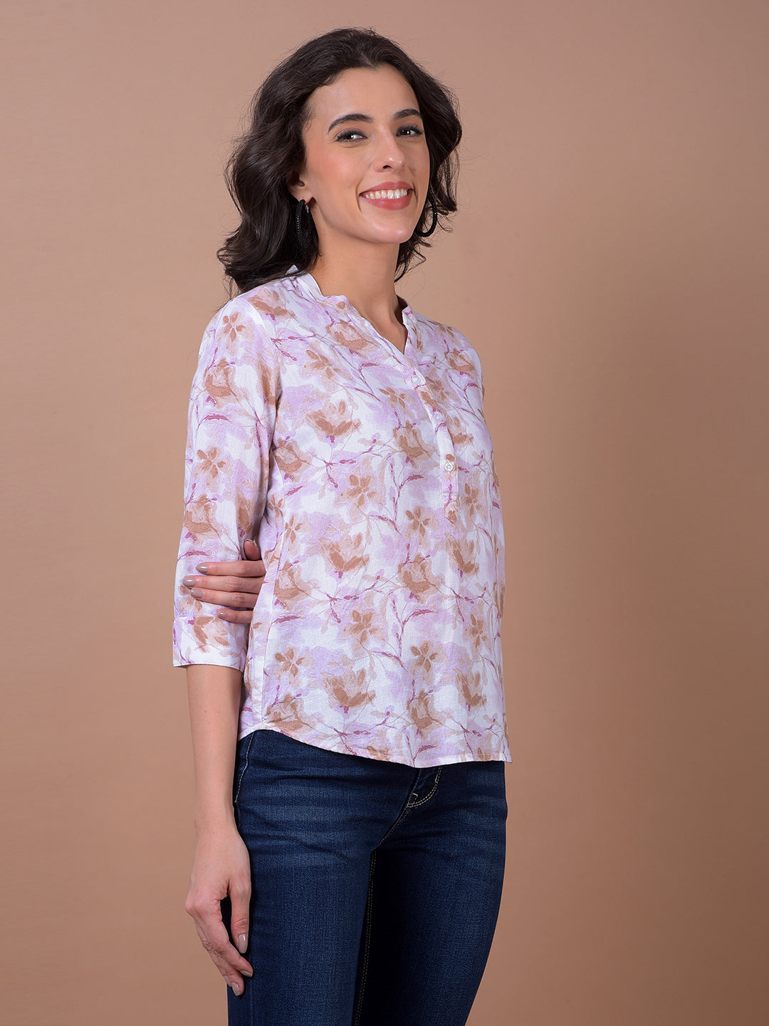 Pink Floral Print V-Neck Linen Top