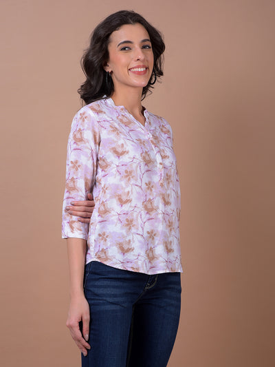 Pink Floral Print V-Neck Linen Top