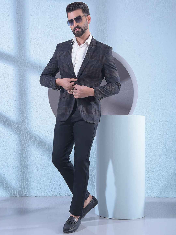 Brown Checked Notched Lapel Single Breasted Blazer