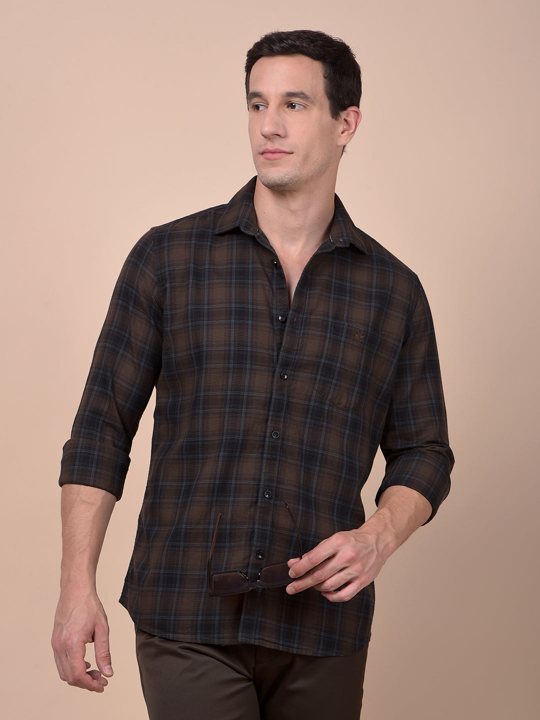 Brown Checked 100% Cotton Shirt