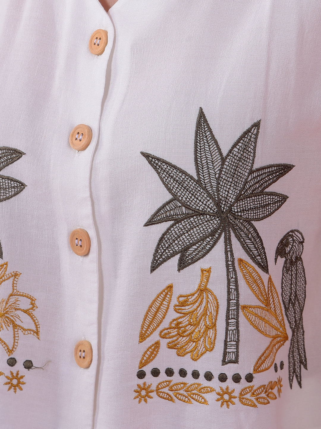 White Embroidered V-Neck Cropped Linen Top
