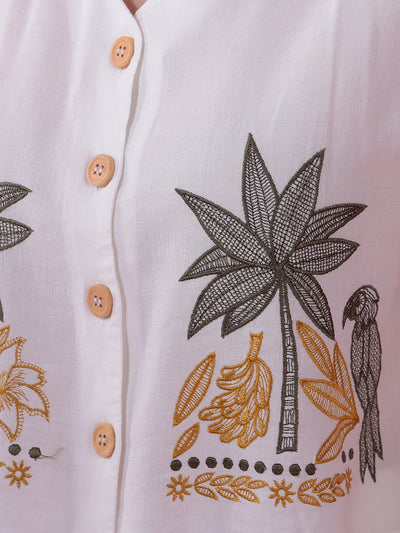 White Embroidered V-Neck Cropped Linen Top