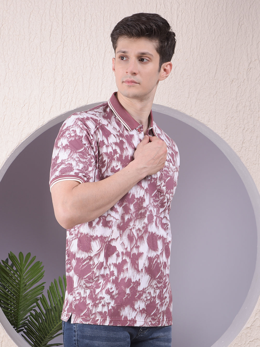 Maroon Floral Print Polo-Neck T-Shirt