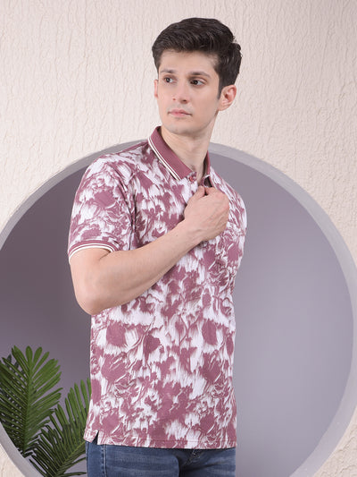 Maroon Floral Print Polo-Neck T-Shirt