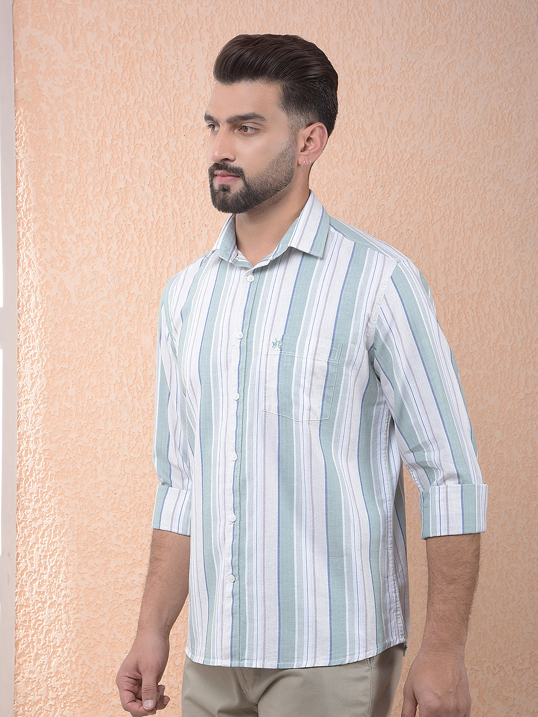 Green Vertical Stripes 100% Cotton Shirt