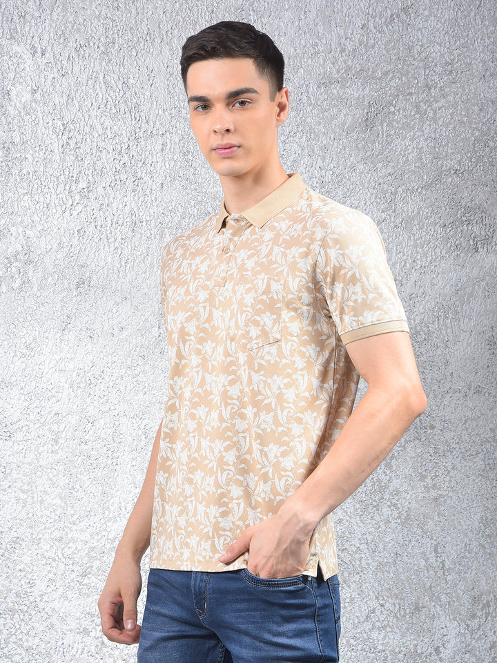 Beige Floral Print Polo-Neck T-Shirt