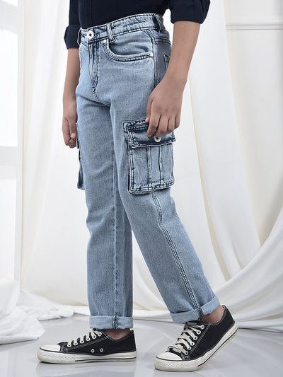 Blue 100% Cotton Straight Cargo Jeans
