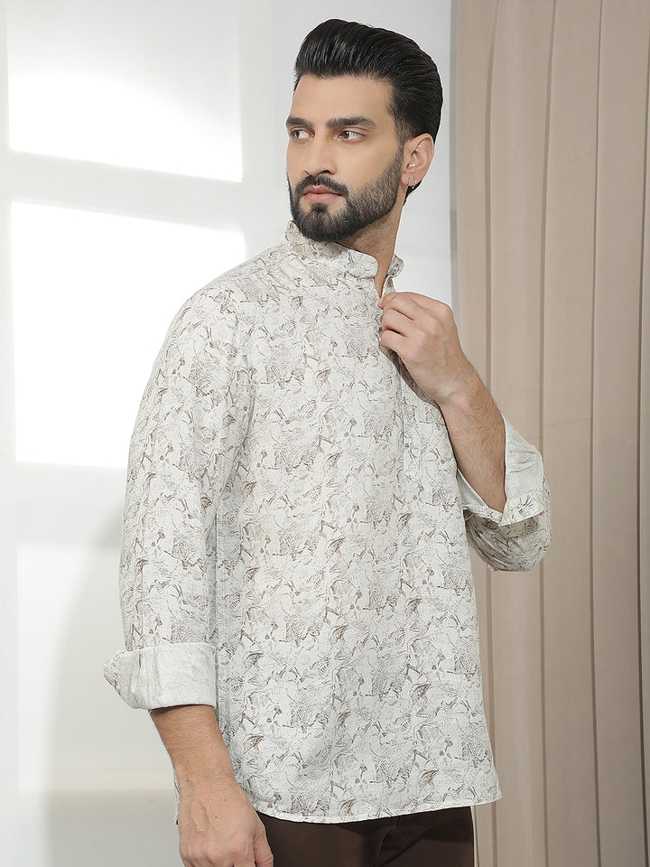 Beige Floral Print Linen Kurta