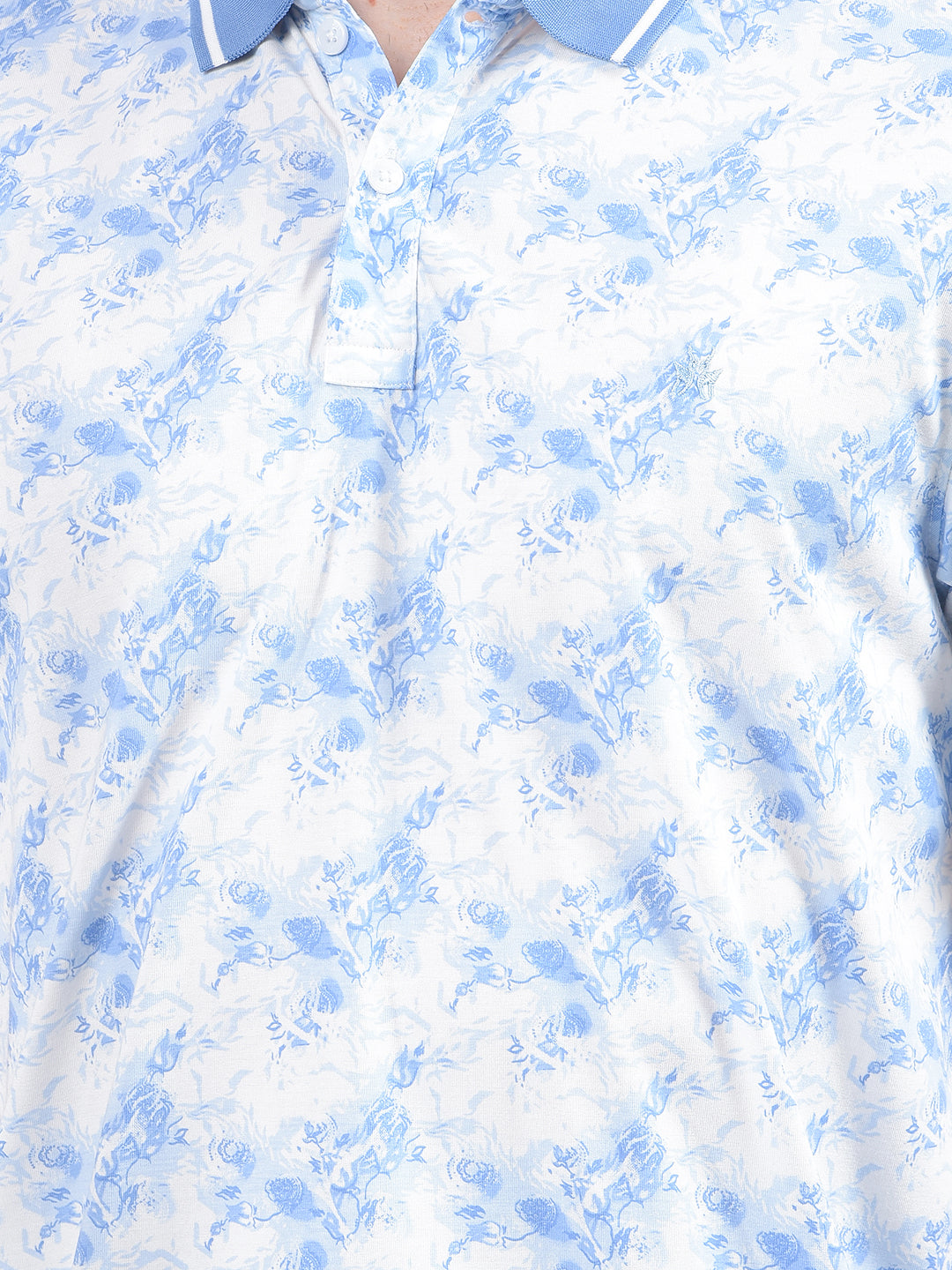 Blue Floral Print Polo Neck T-Shirt