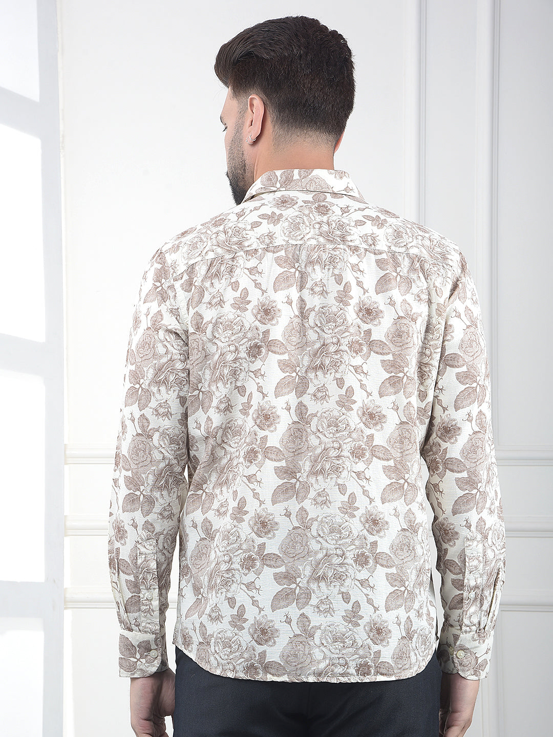 Brown Floral Print Linen Shirt
