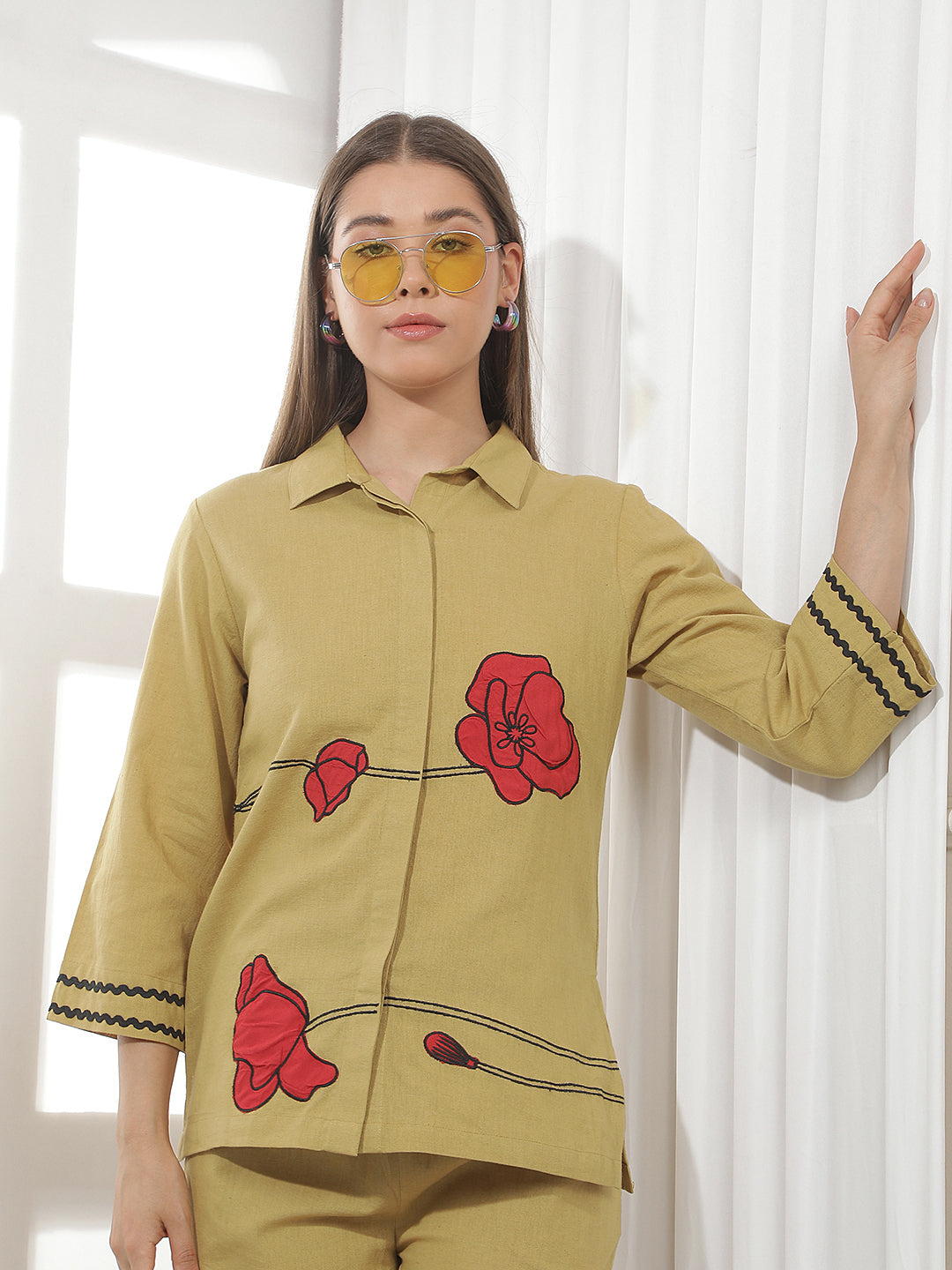 Beige Floral Embroidered Shirt
