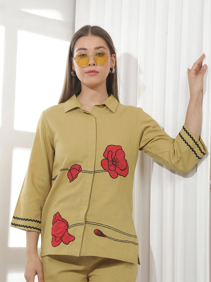Beige Floral Embroidered Shirt