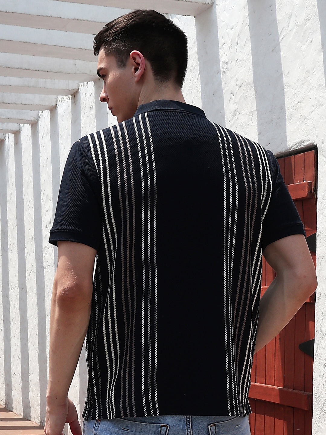 Navy Blue Vertical Striped Polo Neck T-Shirt