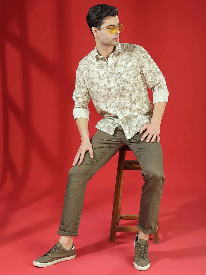 Olive 100% Cotton Geometric Print Straight Trousers