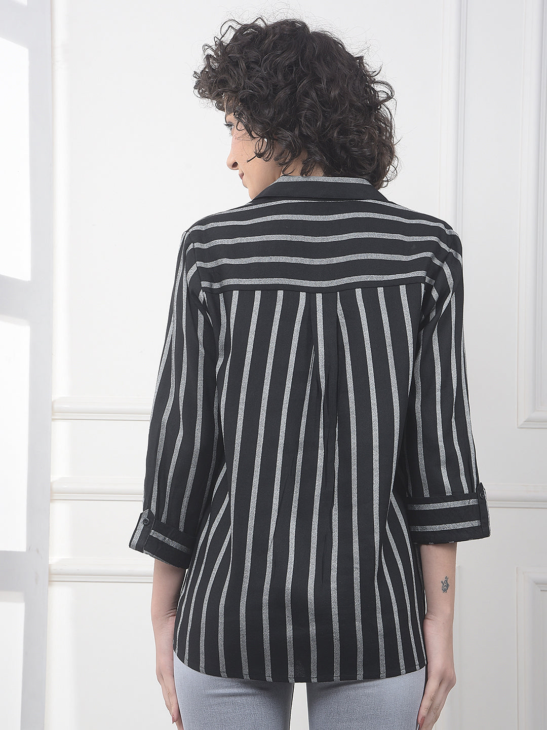 Black Vertical Stripes Resort-Collar Top