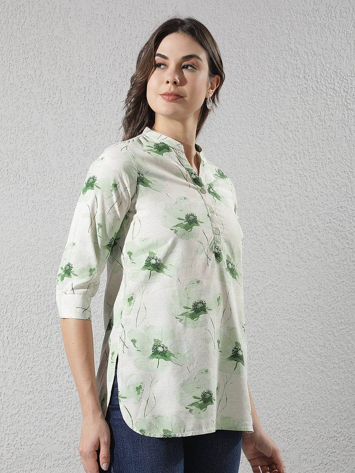 Linen Green Floral Printed V-Neck Top