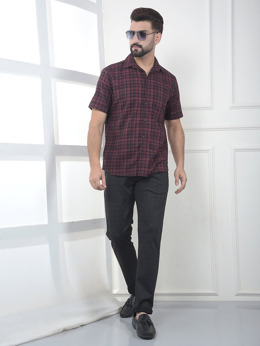 Taupe Maroon Checked 100% Cotton Shirt