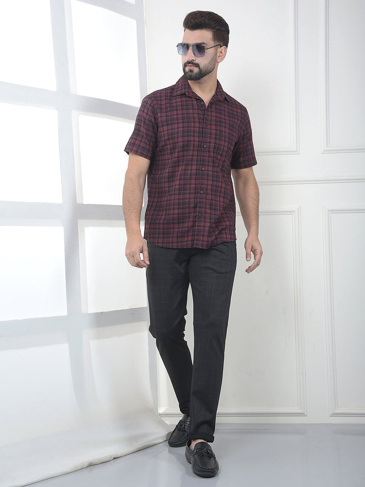 Taupe Maroon Checked 100% Cotton Shirt