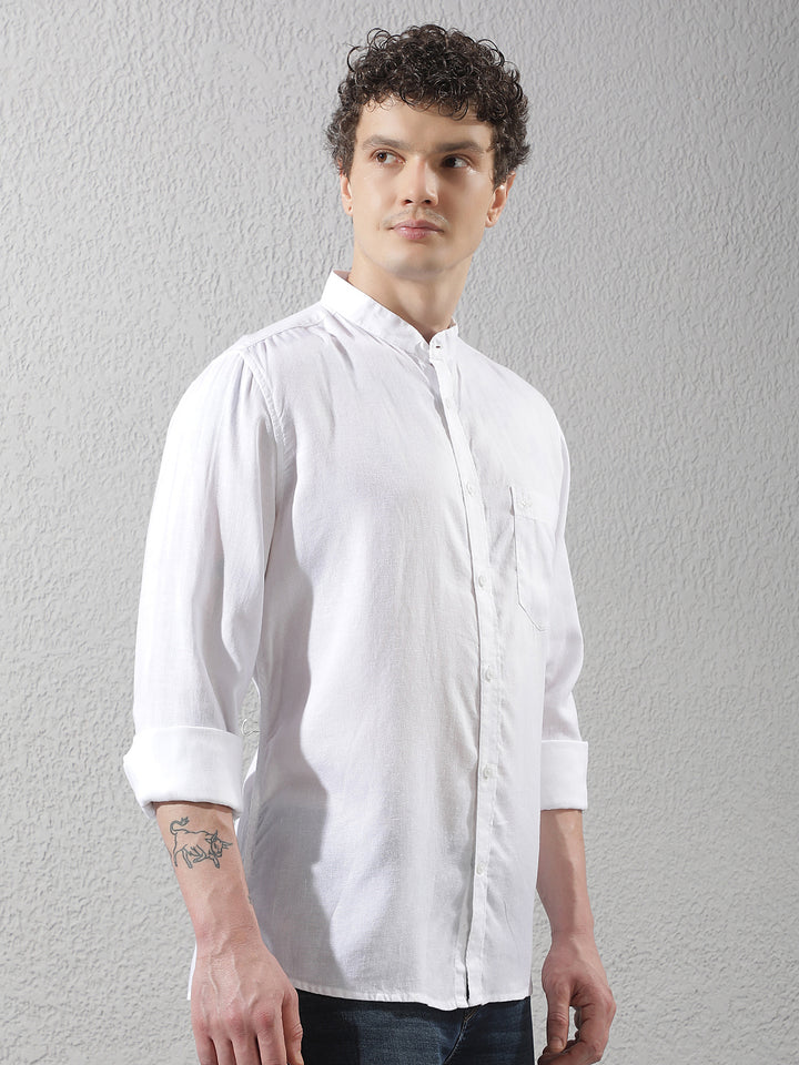 White Linen Mandarin Neck Shirt