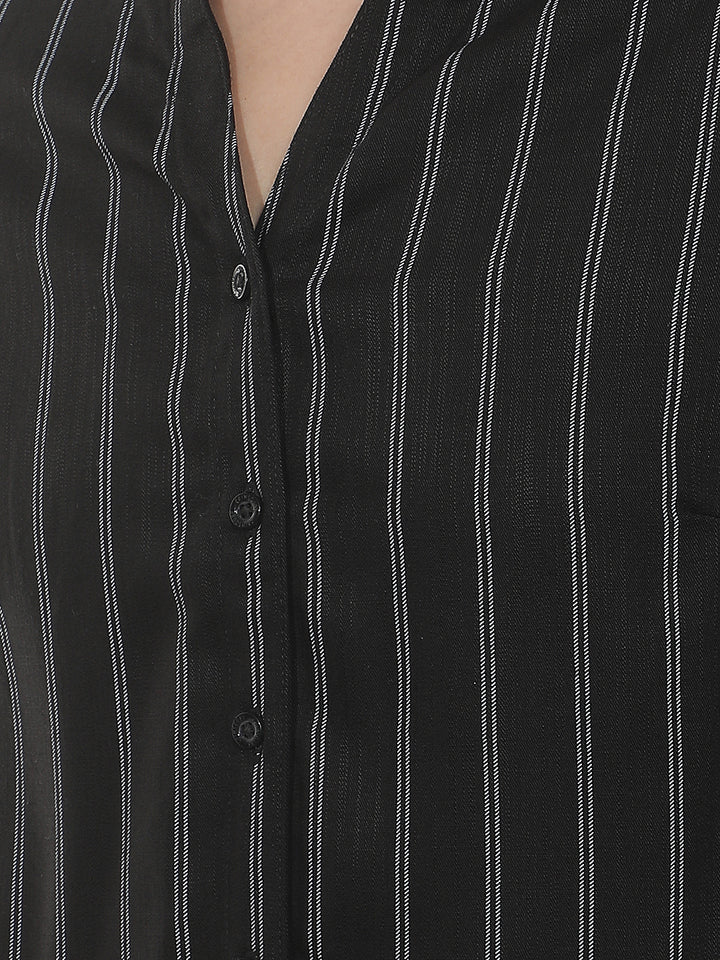 Black Vertical Stripes V-Neck Shirt