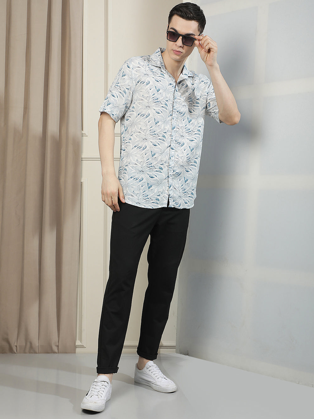 Blue Linen Floral Printed Shirt