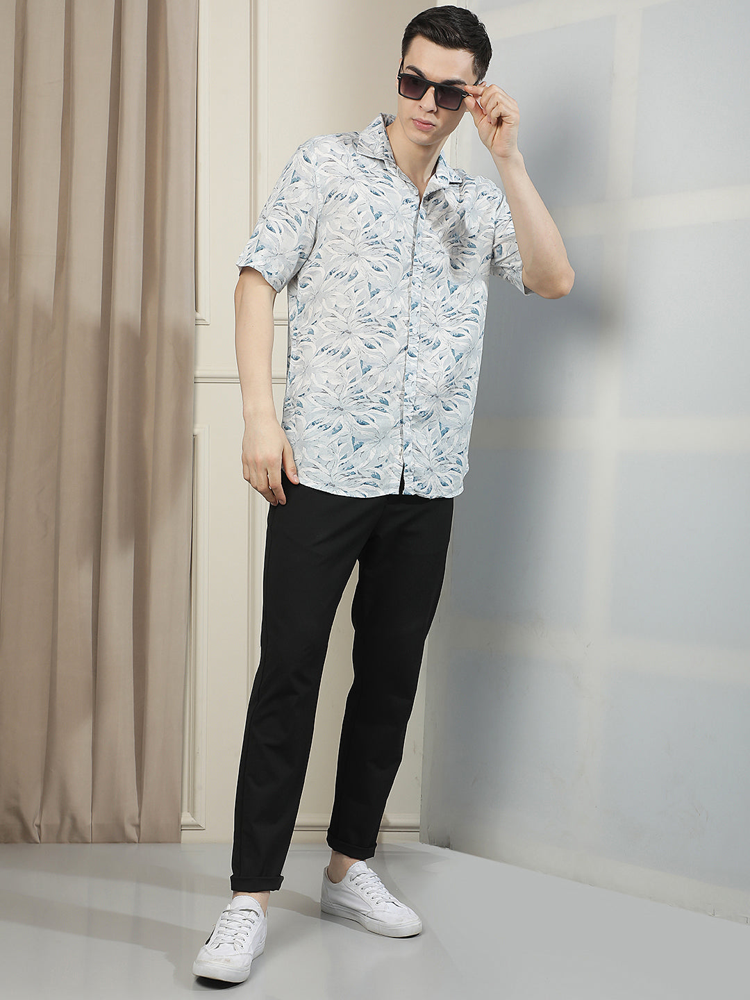 Blue Linen Floral Printed Shirt