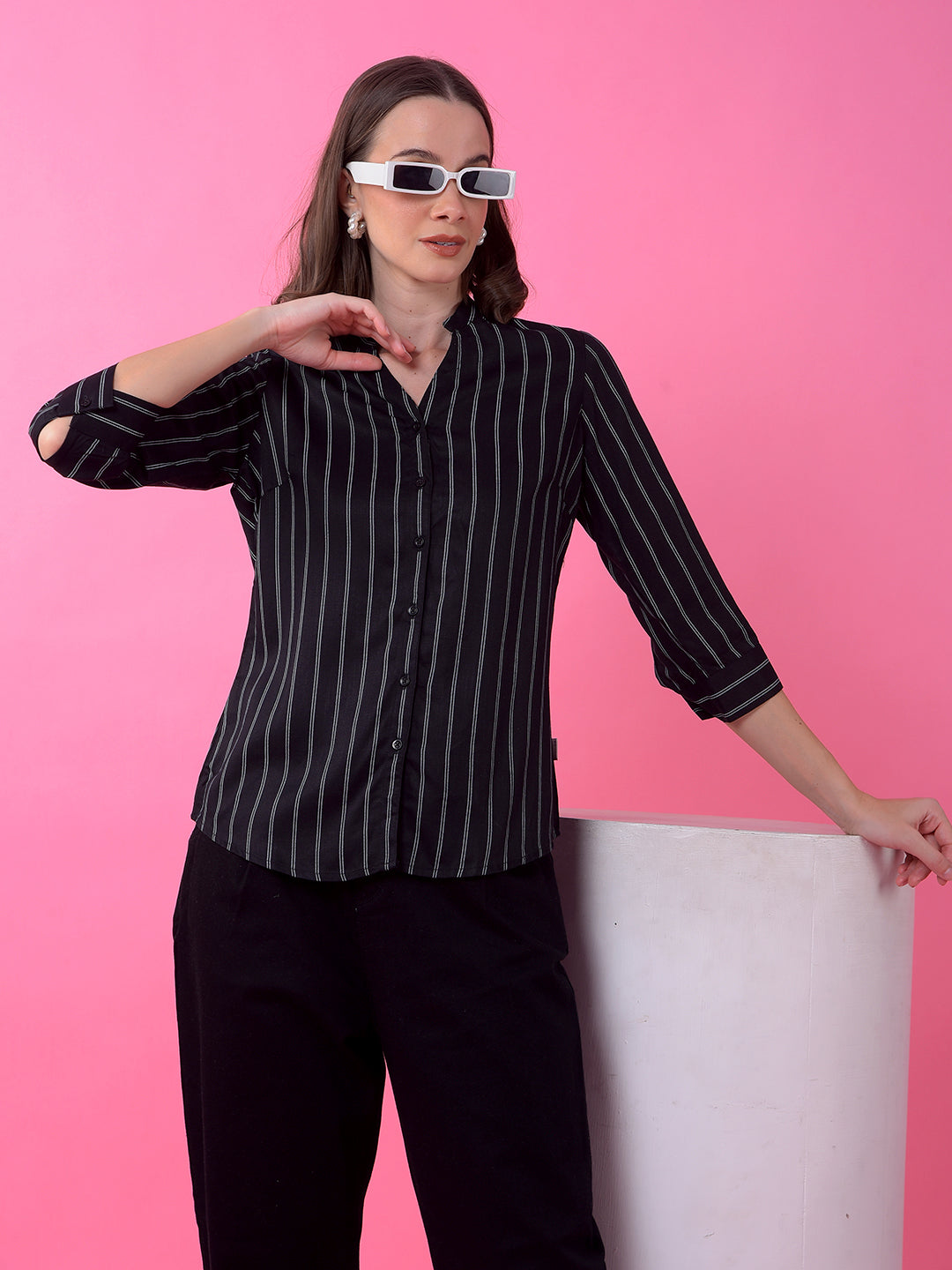 Black Vertical Stripes V-Neck Shirt