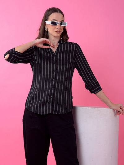 Black Vertical Stripes V-Neck Shirt