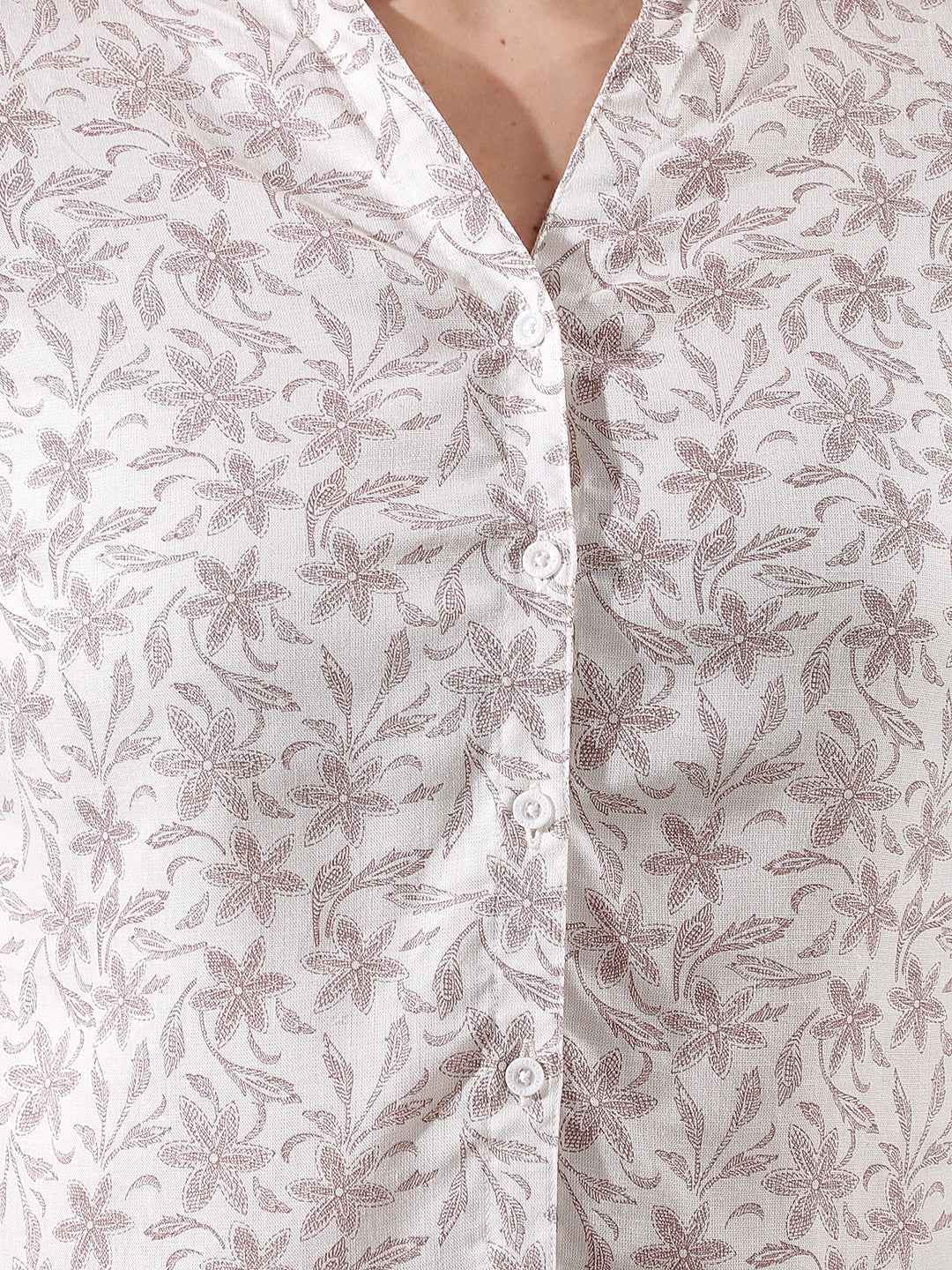 Purple Floral Print V-Neck Linen Shirt