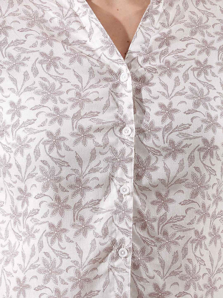 Purple Floral Print V-Neck Linen Shirt