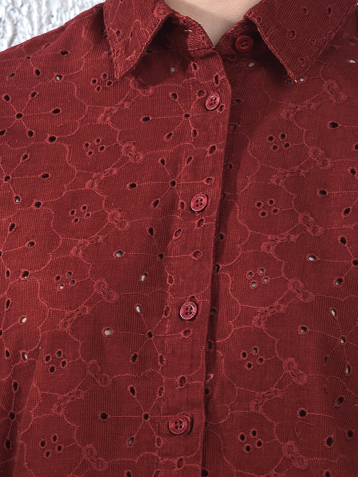 Maroon Embroidered 100% Cotton Shirt