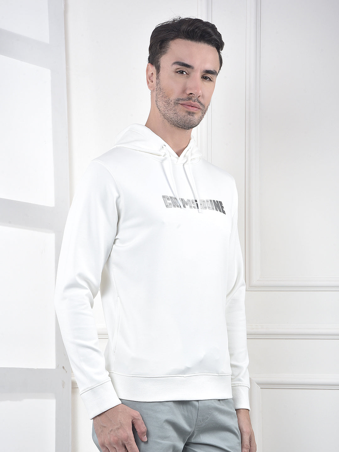 Off White Embroidered Hooded Neck Sweatshirt