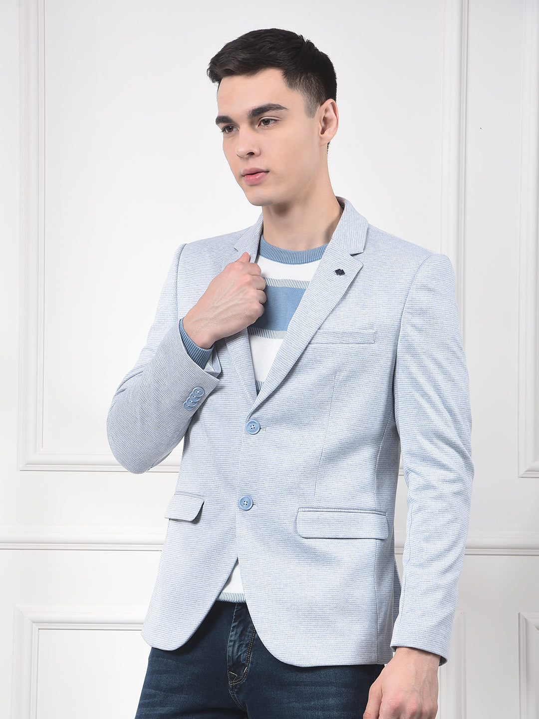 Blue Printed Notched Lapel Corduroy Blazer