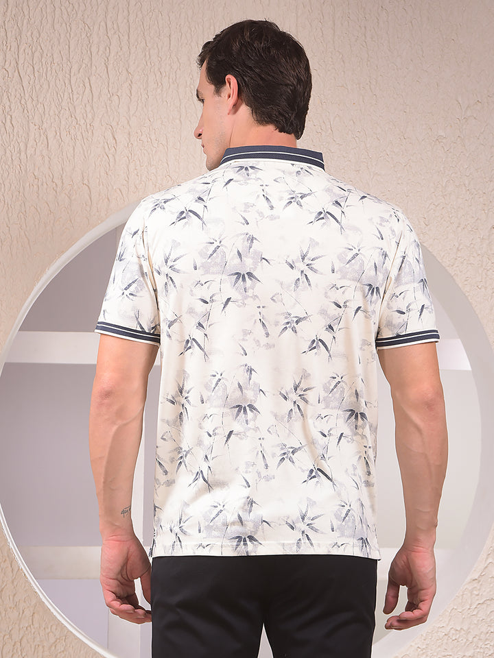 Navy Blue Floral Print Polo Neck T-Shirt