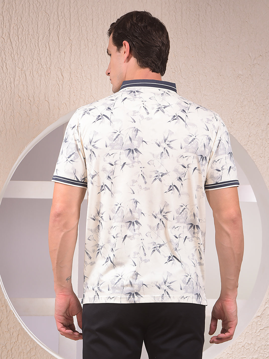 Navy Blue Floral Print Polo Neck T-Shirt
