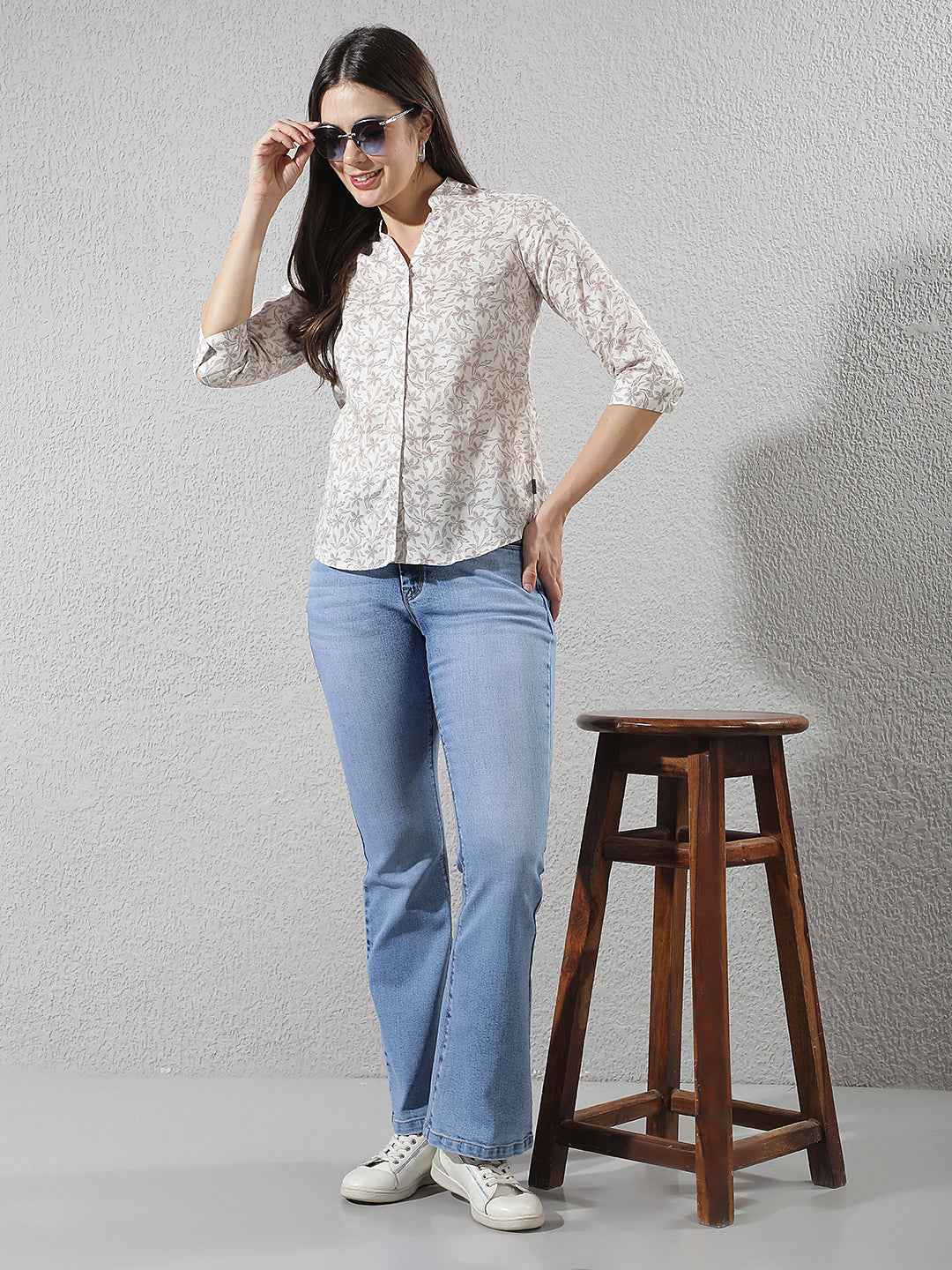 Purple Floral Print V-Neck Linen Shirt
